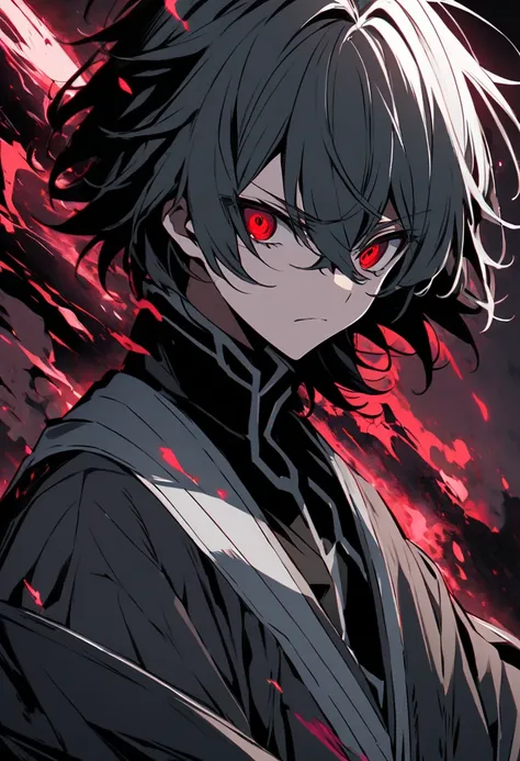 " Create a dark and mysterious male character , inspirado em Mirai Kakehashi do anime Platinum End.  The character must be around 16 to 20 years old , With short hair from Com Azul, disheveled and dark ,  in shades of black or dark gray ,  and intense eyes...