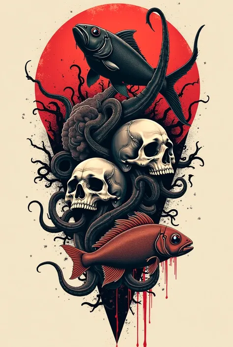 Design a tattoo for the twin with fish octopuses skulls and shadows