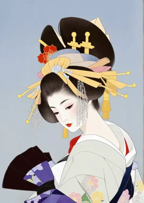 Arafif wearing a kimono standing in front of stained glass,  伝統的な芸者の服 ,  Japanese Kimono, Japanese Geisha, Inspired by Shoen Uemura, Japanese style, Traditional Japan, Traditional Japan colors, Japanese painting style, Intricate Geisha Kimono,  Japanese  ,...