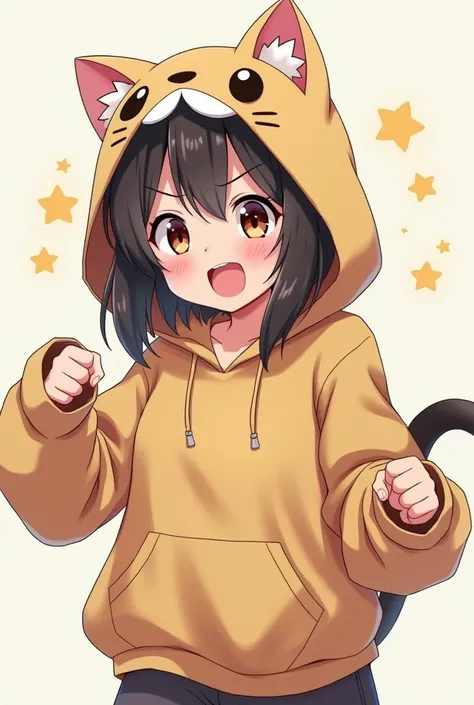 Anime chick in a cat hoodie is roaring