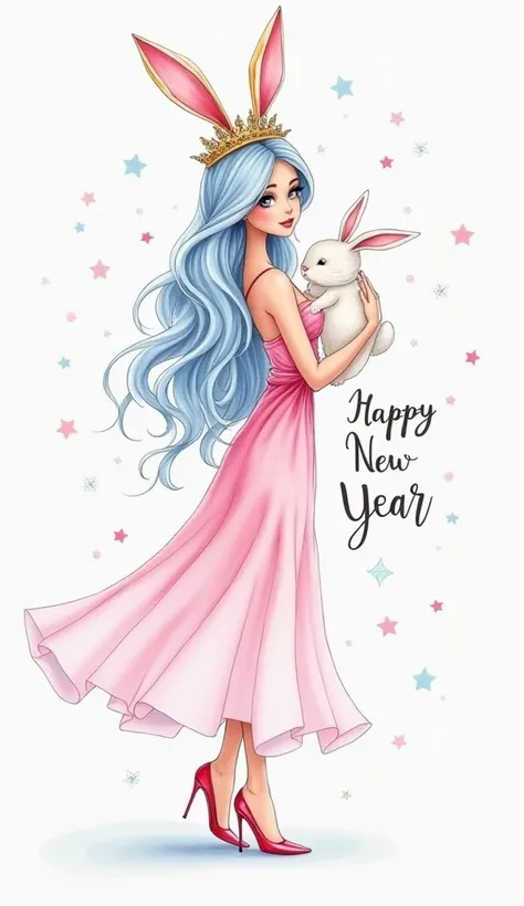 Water Color on paper
White, light pink and light Blue
They are like a beautiful and sexy lady ,turn a litle bit side ways, hold the bunny and have luxury crown and diamon crown on head, in the middel of picture write "Happy New year", celebreat feeling