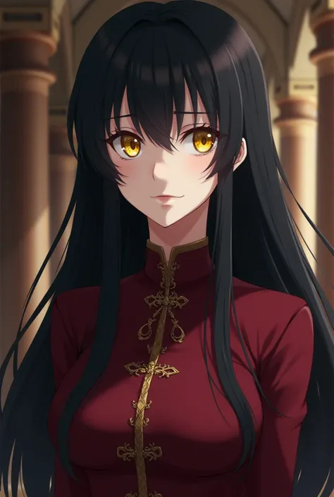 a female anime character with long straight black hair without bangs, pale white skin, yellow eyes, wearing a maroon noble dress, wearing a dress that is closed