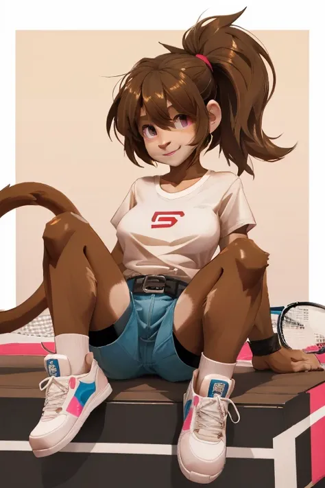 female, blonde in ponytail, pink eyes, monkey, brown fur, brown monkey tail, (((1girl))), (((white t-shirt))), (blue denim shorts), (black belt), (black stockings), (pink tennis shoes), cute and sexy, full body, big breasts, long legs, smiling