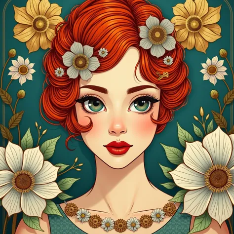 An Art Deco-inspired illustration of a young woman with vibrant red hair styled in an elegant updo. The hair is adorned with intricate metallic floral ornaments, blending silver and gold hues. The background is a rich teal color with large gold flower moti...