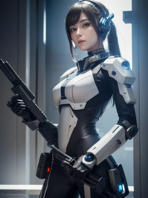 An Arafe woman in a futuristic suit holds a gun in her hand,  girl in mecha cyber armor ,  Mechanical Soldier Girl , CGSociety and Style,  perfect android girl , cute  cyborg girl ,  cyberpunk anime girl mech, Female Mecha, Beautiful girl cyborg,  cyborg g...