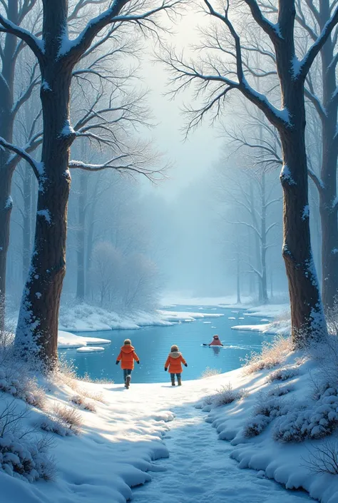 Design a cozy winter wonderland with snow-covered trees and a frozen lake and people 