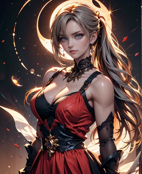  masterpiece , high quality UHD , none,  Pixel art ,  A girl, Gray hair, ponytail,  red gothic dress,  Beautiful, pretty and well dressed, a girl with a well-defined body, full-body model, anatomy needs unique perfection, 32k resolution,Simple gold backgro...