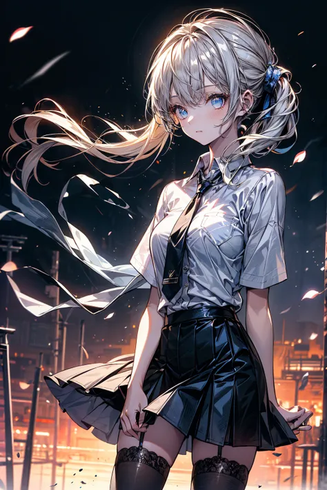 ((masterpiece,high quality,high resolution,detailed,best composition,moody lighting,photorealsitic)),a young girl,solo,the whole body,white hair,(twintail),sparkling eyes,short sleeve shirt,blue tie,mini-skirt,stocking,break,dawn sky,daybreak,(outside),daz...