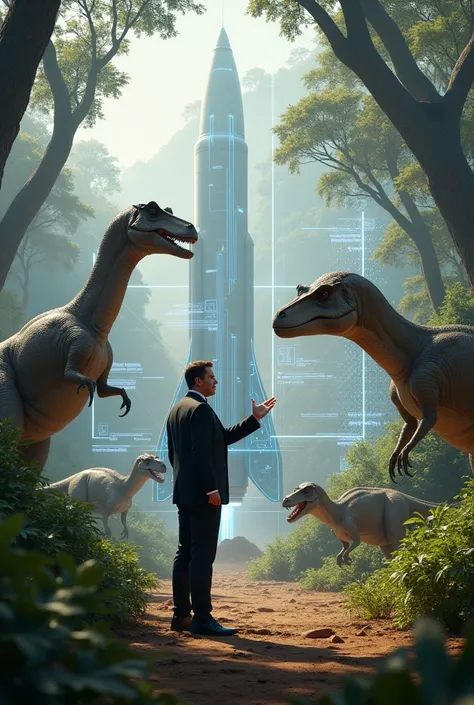 Elon Musk is giving a presentation to dinosaurs about building a rocket.