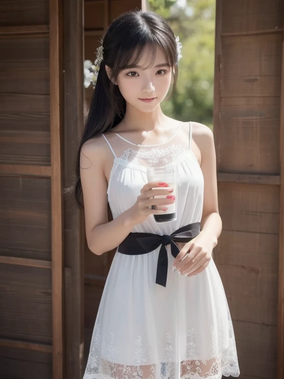 (top quality, 8k, masterpiece: 1.3)), (1 person: 1.4),  1 girl,  Japanese Women, goddess, Age 15,   drinking heavy water ,  High Contrast ,  Gods Point of View, Aperture F1.2, Focus distance 24mm, ( full body: 1.2), smile, Photo pose, High-quality lace,  S...