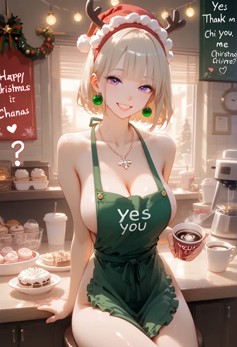 Perfect face, perfect anatomy, best quality, young woman 26 years old, pleasant and friendly, sitting at a booth in a coffee shop, bottomless under her apron, playful naughty smile, perfect! Thank you! *smiles lovingly at you*, *I sit down with you and loo...