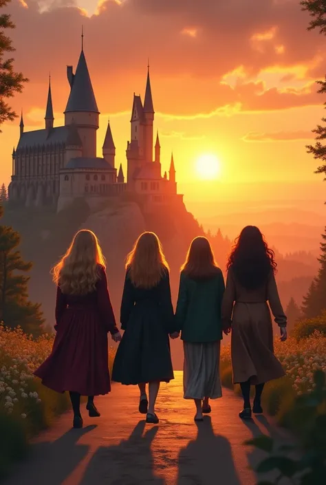 The four friends walk back toward Hogwarts at sunset, the castle towering in the distance. Lily holds the now-quiet compass, a determined expression on her face. Her frieds laugh and talk beside her, their bond stronger than ever. The golden hues of the se...