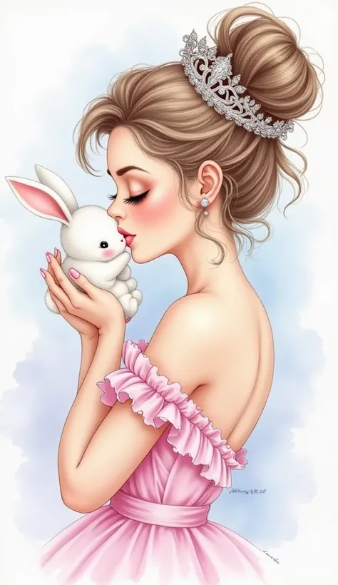 Water Color on paper
White, light pink and light Blue
They are like close up a beautiful and sexy lady ,turn a litle bit side ways, holding small white rabbit and kiss and she have luxury crown and diamon crown on head, in the middel of picture write "Happ...