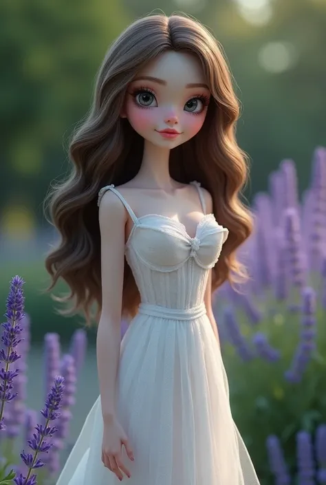 She is 57, animated porcelain doll, snowy pale skin, milky brown hip length hair. She has hourglass figure, wearing a white sheer gown that hugged her curves. She had light grey doe eyes and deep pink pillow soft lips. Shes standing in the lavender garden,...