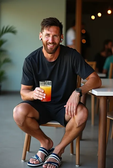 Messi Assis à table avec un verre de jus à la main, un t-shirt noir, des sandales rayées, un short et une oreillette bluetooth dans les oreilles