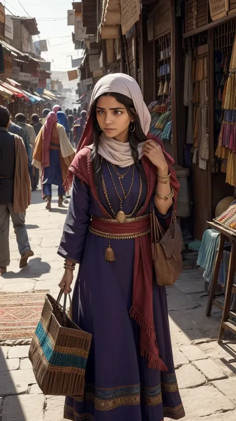 A determined merchant navigates the vibrant, yet oppressive atmosphere of a 19th century Middle Eastern market, weaving past colorful fabric stalls and crowded slave bazaars, his eyes scanning the crowds with an air of urgency as he searches for a specific...