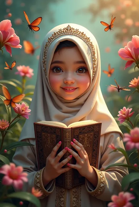 realistic portrait of a 2 hijab wearing Indonesian girl, smiling, surrounded by Black Phalaenopsis Orchid flowers, butterflies, dragonflies, with a graceful crown and delicate diamonds with bright colored sparkles, typography, vibrant. by holding the words...