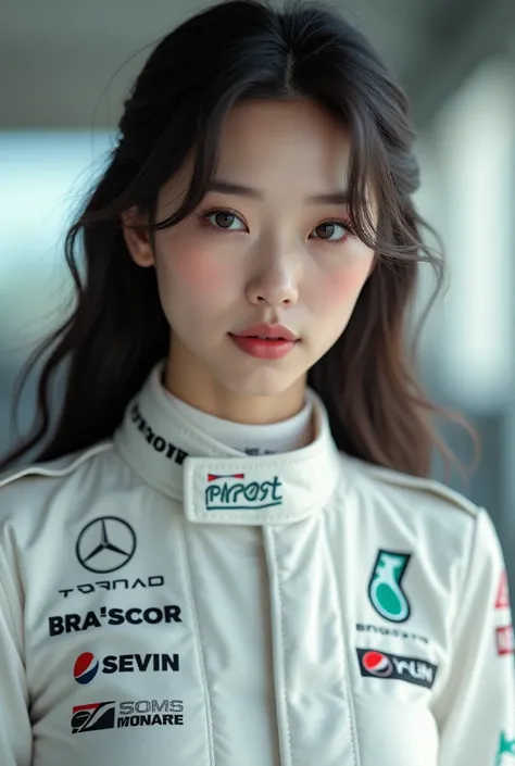 Brunnette asian girl with a white HAAS formula 1 suit