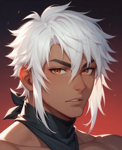  Create a male anime-style character with white hair ,  of a youthful and mysterious appearance  .  It must have a serious and intense expression , with eyes in dark tones ,  preferably red or black .  the skin is white  ,  and must have crisp and well-def...