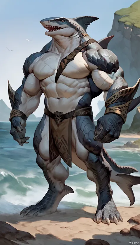 sharkman, gray belly, black and blue hands and fins, black back, solo, big arms, koholasaurus from genshin impact, bara, detailed smooth skin on abs, lizard shark hybrid, anthro, closed mouth, tattoos, detailed scales, scalie arms, muscular, thick scales o...