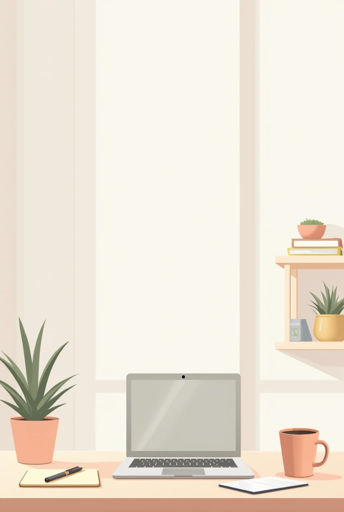 An illustration of a minimalist desk setup in a calming, well-lit workspace. The desk has a sleek laptop, a single notebook, a pen, and a cup of coffee. The background is uncluttered, with a soft gradient or a simple bookshelf and a plant. The vibe emphasi...