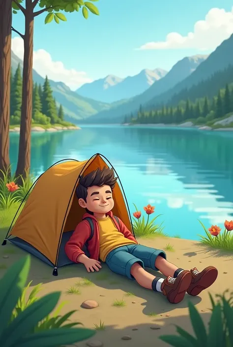 Young man lying near a lake with a very small tent that only covers his face, ANIMATED CHARACTER