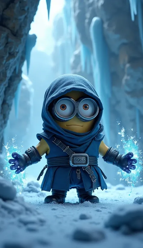  medium shot of a muscular Minion dressed in a detailed Sub-Zero outfit, posed with power and control in a realistically rendered ice cave. The Minion has a strong build, while still retaining his classic proportions and his specific head shape, and has a ...