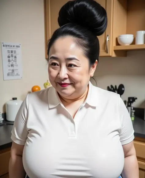 8k,Highest quality, masterpiece, Ultra-high resolution,(masterpiece:1.6, Highest quality), Intricate details, 1 female,Middle-aged woman in her 50s, japanese, upper body, from side, top of head, ((A gigantic hair bun, A huge hair bun:1.5)), ((jet Black Hai...