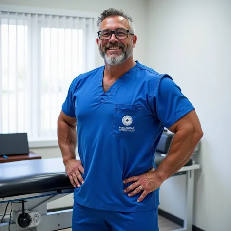 This photograph captures a muscular, middle-aged man with a robust build standing in what appears to be a medical office. He has a short, graying beard and mustache, and is wearing black-framed glasses. The man is dressed in a bright blue medical scrubs se...