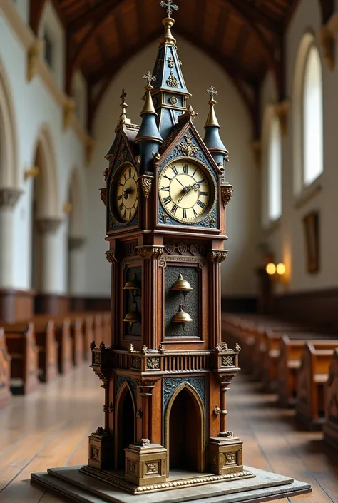 Una maqueta que representa una torre del reloj.  It is made of wood , Iron, bronze and glass ,  with bronze bells and delicate solid gold hands . A model depicting a clock tower is being exhibited in a church .