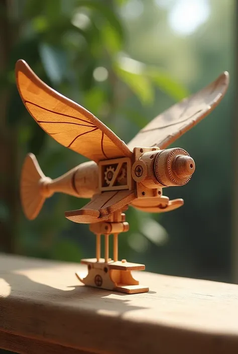 A small model of a Renaissance flying machine ,  made of wood with wings that flap when deployed.