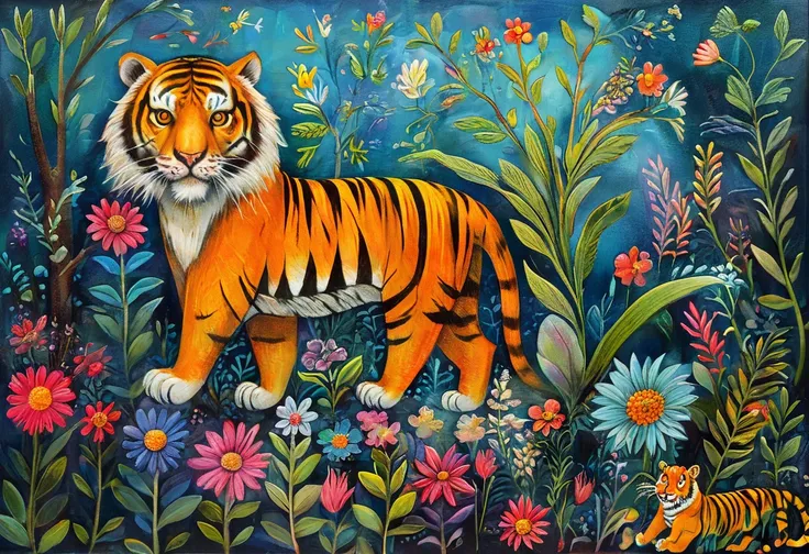 masterpiece, top quality , illustration,Julie Paschkis style，Tiger