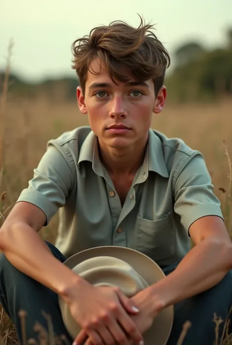 create a realistic image relaxing sit on land holding a  hat, open hair, short hair, teenage , time 1960 texas, aged 17-20, boy looks beautiful large eyes. Hes handsome,low light 