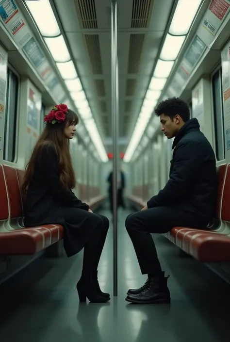 Inside the subway, the girl has long hair and black clothes and has roses sitting on the left chair, and the young man Aswad is sitting opposite him in the right chair, with a long distance between them. A picture of an artistic opportunity