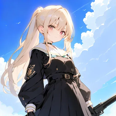 Platinum ponytail hair , She has a cute face with green eyes, is small, skinny, and has a voluminous body.
The attire is a suit with a hybrid design that combines a combat suit and dress; the top is a black and navy colored dress that emphasizes the chest ...