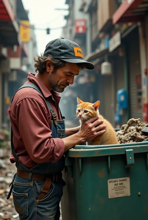 A sanitation worker rescuing a tiny kitten from a garbage bin just in time.