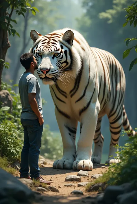 a man dressed casually with a big white tiger