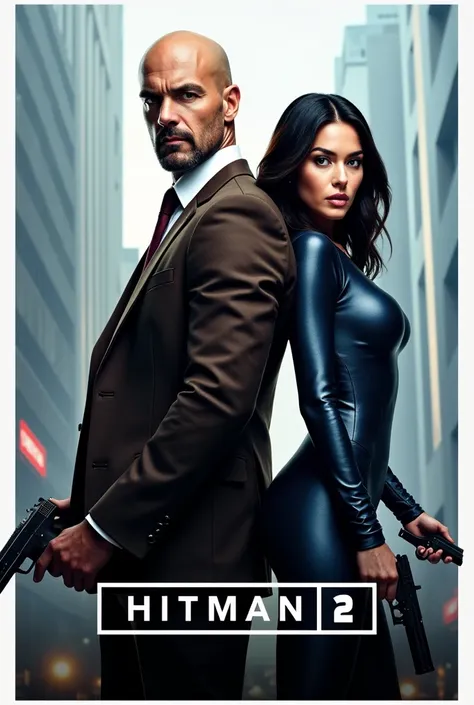 Create a "Hitman 2" movie poster with JASON STATHAM,MEGAN FOX.Title: The poster has the words "HITMAN 2" printed large at the top, with the word "HITMAN" in white and the number "2" in white placed in a white bordered rectangle. The poster focuses on the i...