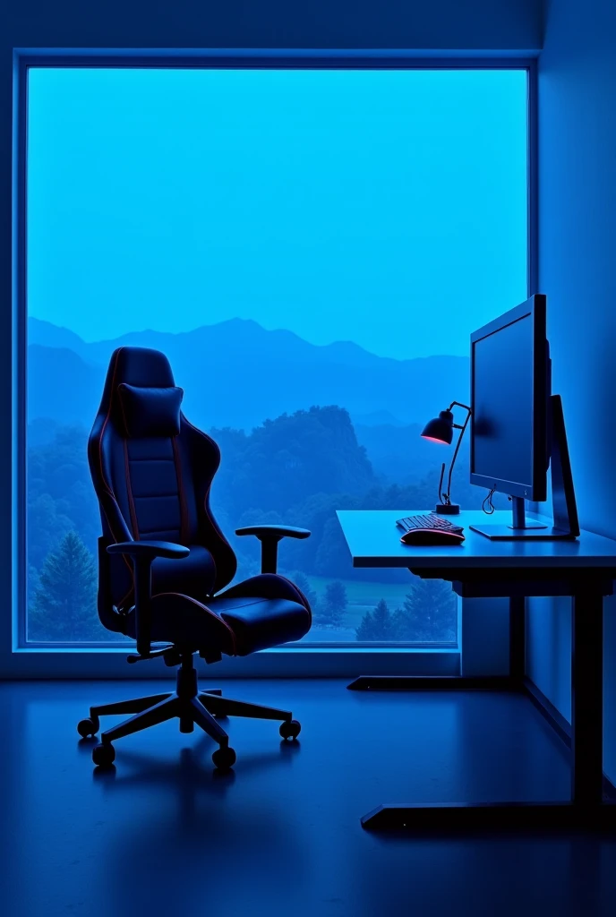 Gaming room with blue lights. It does not have any human being. It only has one gaming chair and one monitor. The view outside the window is very beautiful 