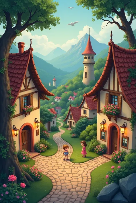 (extremely detailed Clipart art, best quality, cozy and magical ambiance),(nostalgia, a whimsical small village, delicate and charming),(enchanting, fairytale-like atmosphere, warmly lit environment)