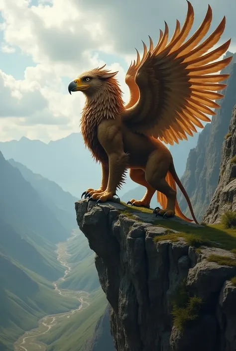 I need a picture of a real griffin .  It has the head and harness of an eagle and the rear end of a lion.  It stands on a cliff and looks over a valley .  The griffin looks majestic but also dangerous  