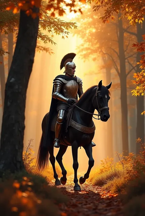 A calm forest in autumn, sunlight streaming through trees, and a roman knight walking through the forest in a black horse hyper-realistic, warm tones.