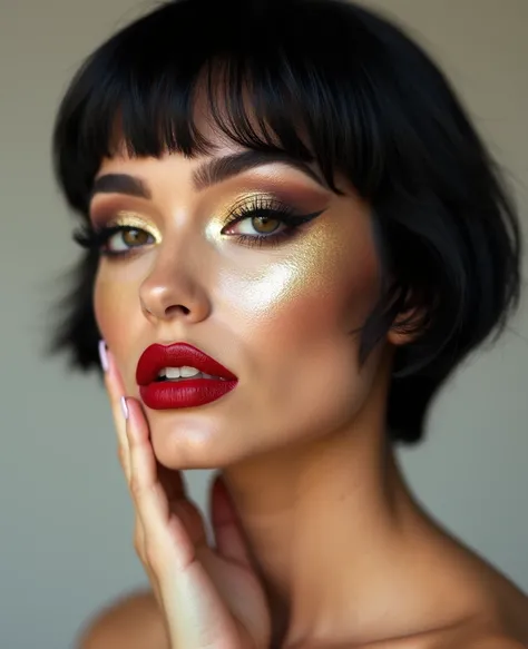  Create the image of a made-up woman focusing on glamorous artistic makeup.  Use a palette of metallic tones such as gold and silver ,  with dramatic smoky eyes ,  graphic outline and intense red lipstick . The skin must be flawless ,  with soft and direct...