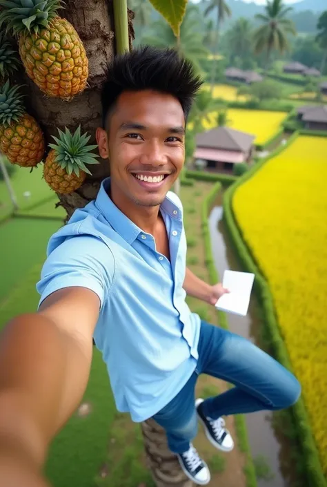 Awesome professional portrait of a handsome Sundanese man with short spiky hair, wearing a light blue fei labeled shirt, jeans, converse shoes, climbing a coconut tree with lots of pineapples, the man is taking a selfie while holding a white paper, smiling...