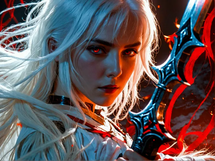 a dark image of a white haired woman , 1girl, long hair, solo, white hair, weapon, sword, looking at viewer, Red aura,BLACK aura,The aura is coming out of the sword , high image quality, highest image quality, 8K