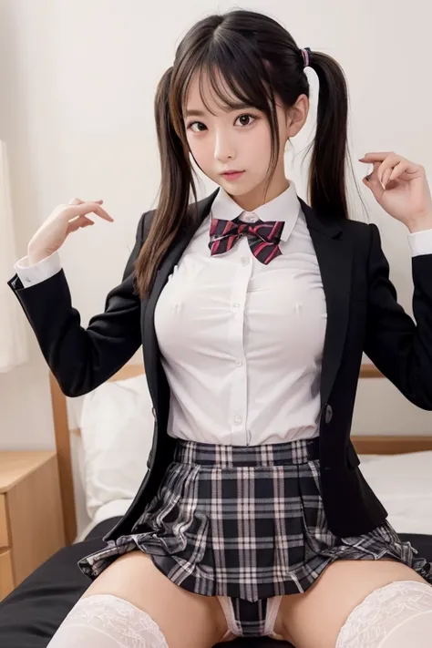  Highest Masterpieces　 high image quality　 Female Middle School Student　　Young ren　135 cm 　 small tits　　 has small breasts　 slim　 slender　 beautiful girl　　 blazer uniform　　red check gala miniskirt　 Skirt Turned Down 　whole body　 on the bed　M-shaped leg spr...