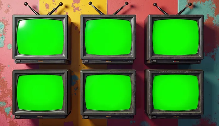 
Six old time TV screens on the colourful wall displaying solid green background