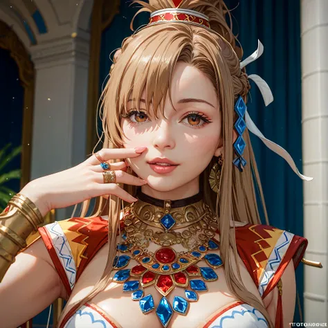 (( top quality )), ((masterpiece)), ( Details), （perfect face）、Yuki Asuna, who has bright brown hair, wears an African Congolese national costume and is wearing an engagement ring