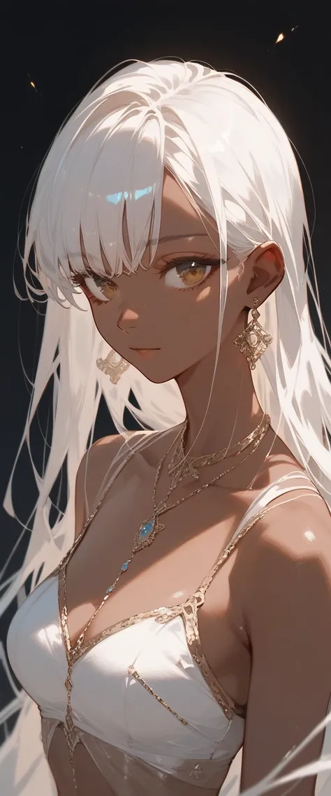  Details,  1 girl, white hair, long hair, bangs, Brown skin