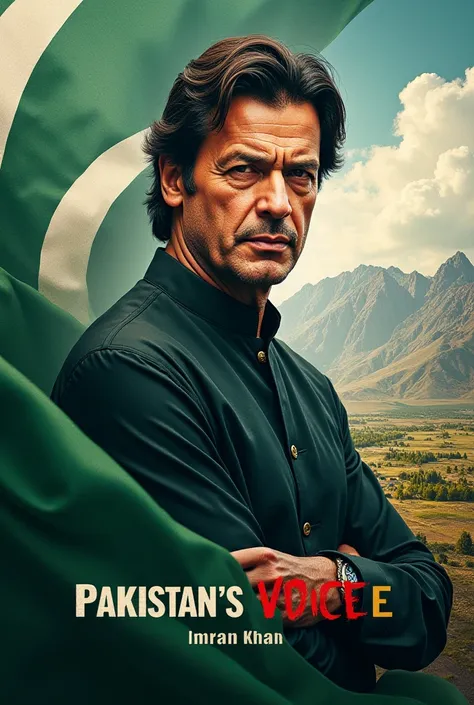 Imran Khan photo in background Pakistan beautiful flag and write on it ,,Pakistan,s Voice,,